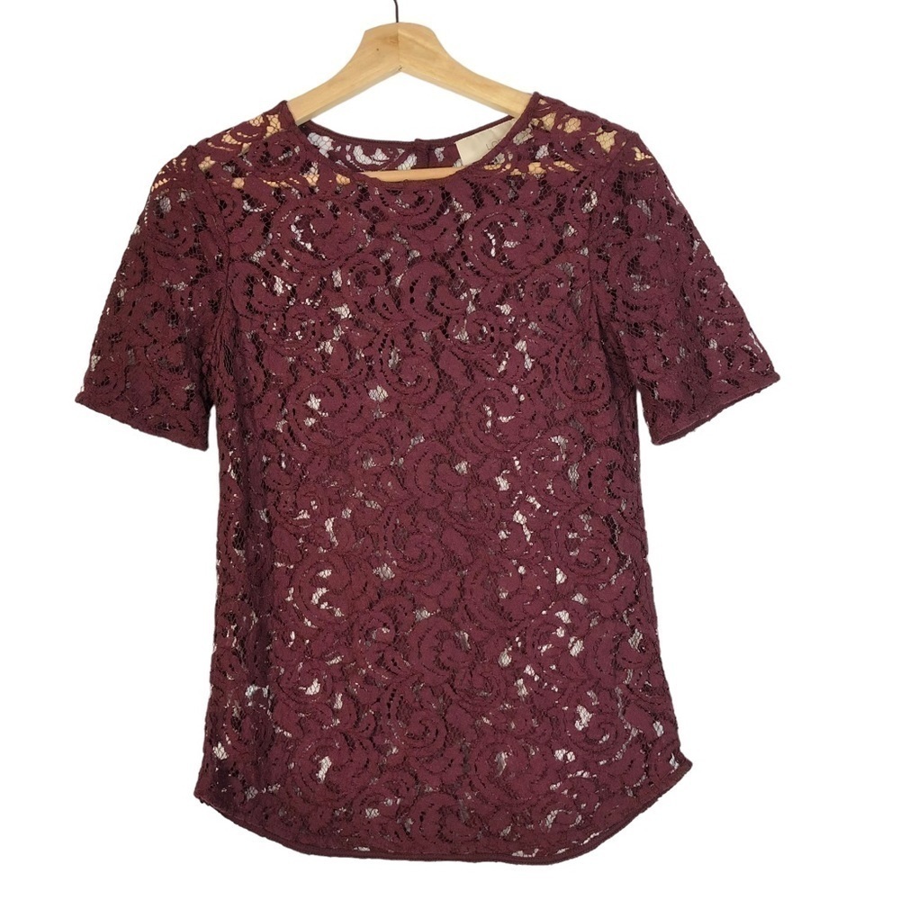 Ann‎ Taylor LOFT Burgundy Red Sheer Lace Short Sleeve Blouse XS